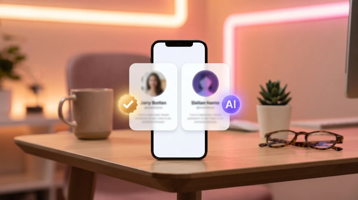 Two creator profile cards, one with a gold verified badge and one with a violet AI badge — how to tell if a creator is AI-generated
