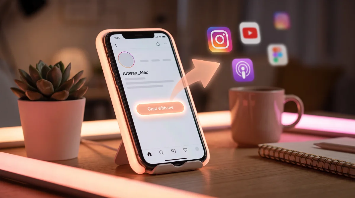 A phone with a Chat with me button and an arrow routing fans out to other platforms — a creator directory, not a paywall