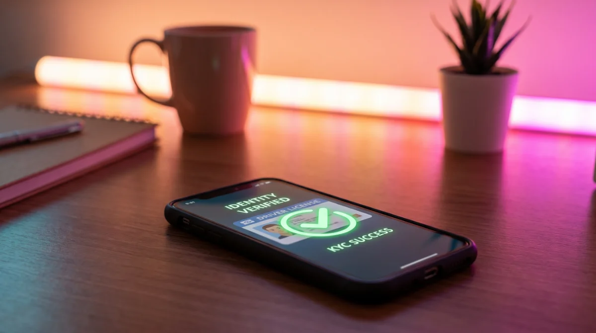 A phone showing an Identity Verified KYC success screen — how creator identity verification works on LiquidPeach