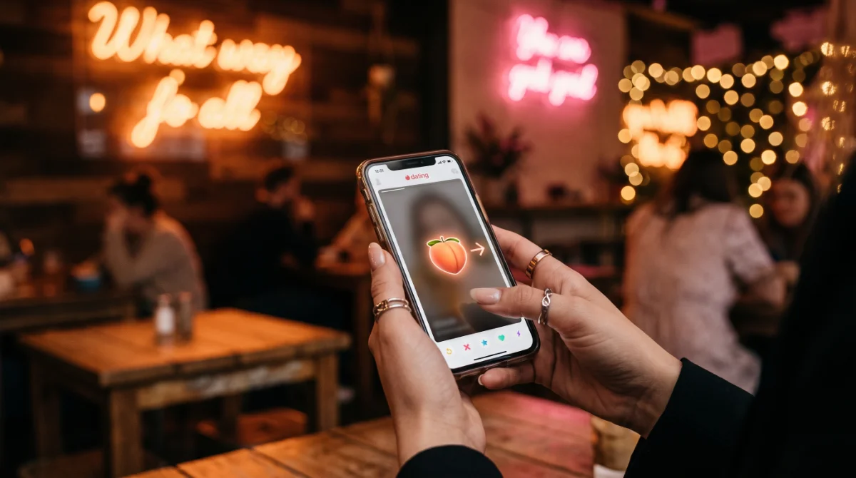 Hands swiping a discovery card deck with a peach on a phone — getting discovered as a creator on LiquidPeach