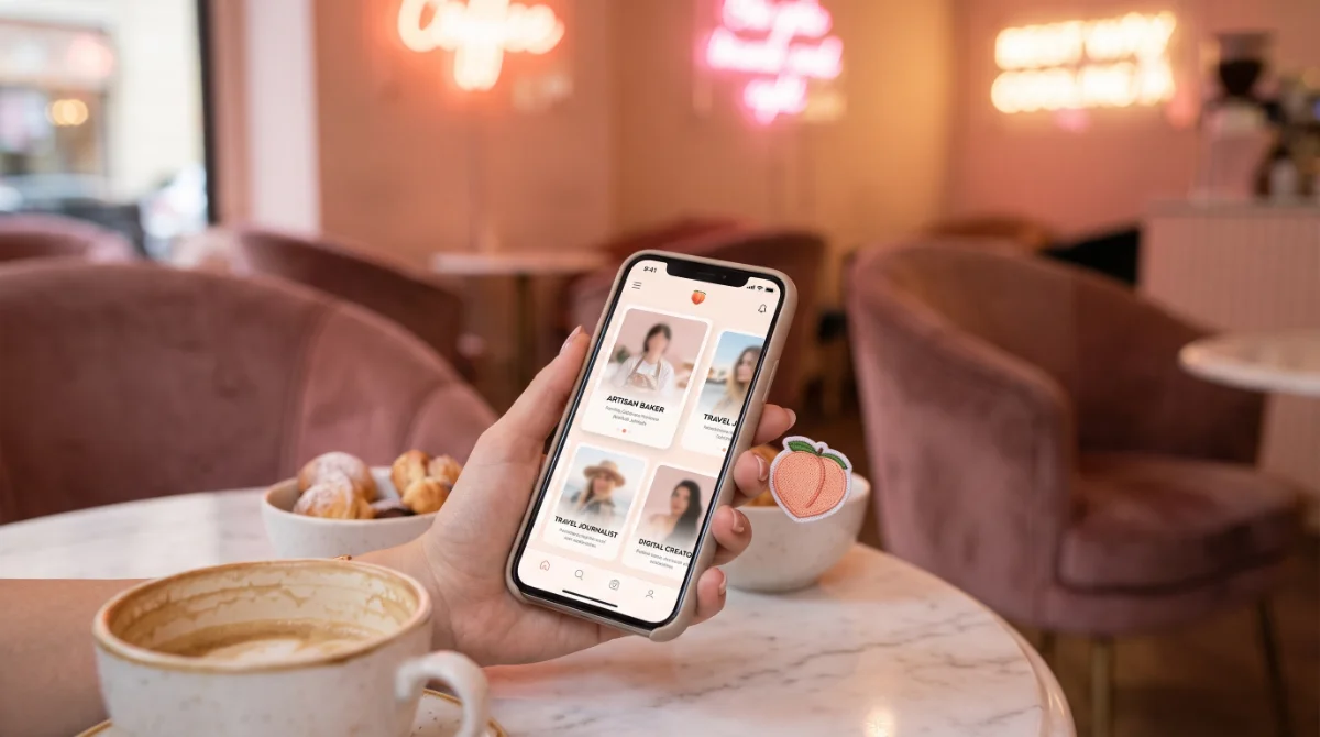 A phone showing a discovery feed of creator cards in a cozy cafe, peach accent — get discovered as a creator on LiquidPeach