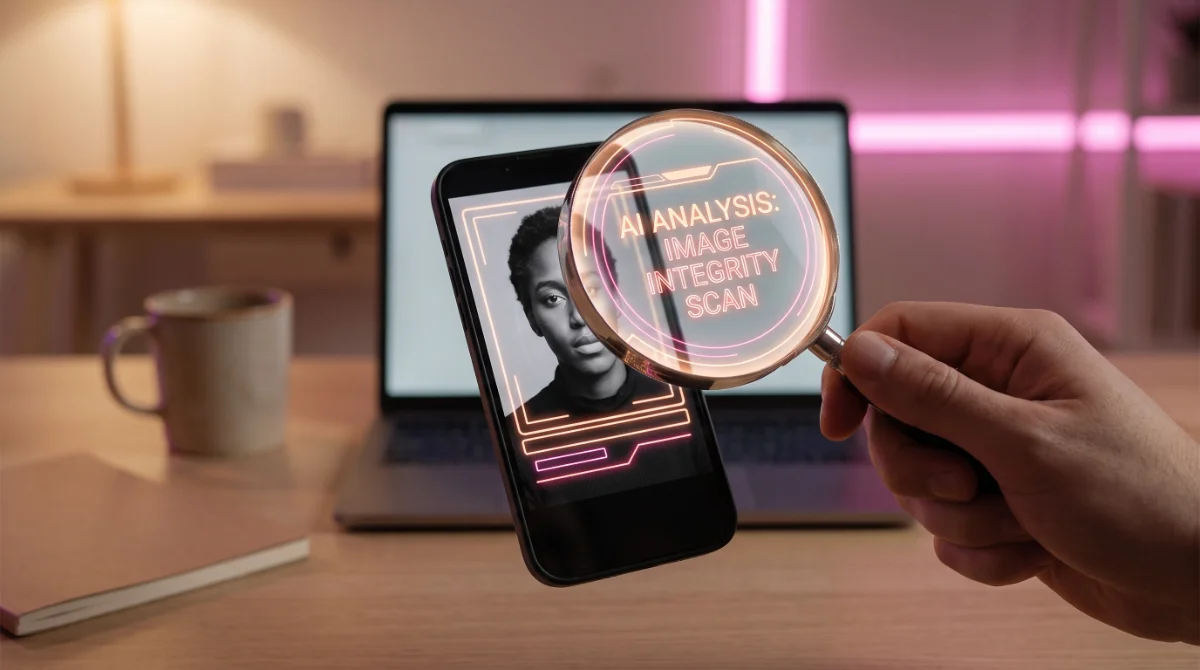 A magnifying glass inspecting a portrait on a phone screen — checking if a creator photo is AI-generated