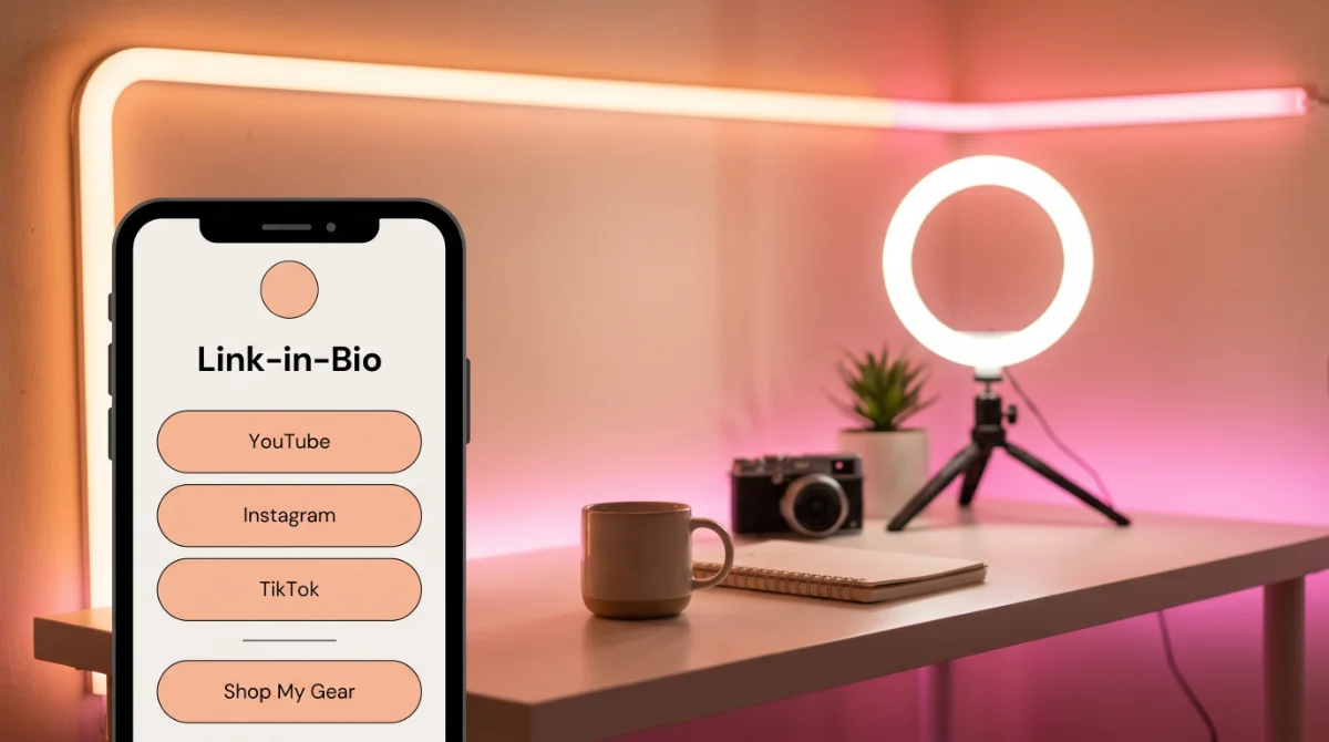 Un teléfono mostrando una landing de link-in-bio con botones de plataformas y un ring light — el bio link que enruta fans a tu perfil