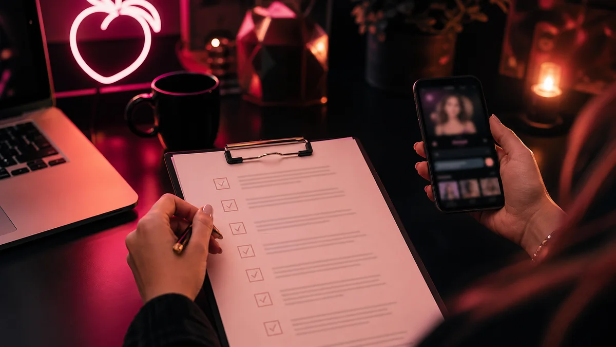 A creator reviewing a blurred contract checklist beside a blurred creator profile — OnlyFans agency red flags for promotion