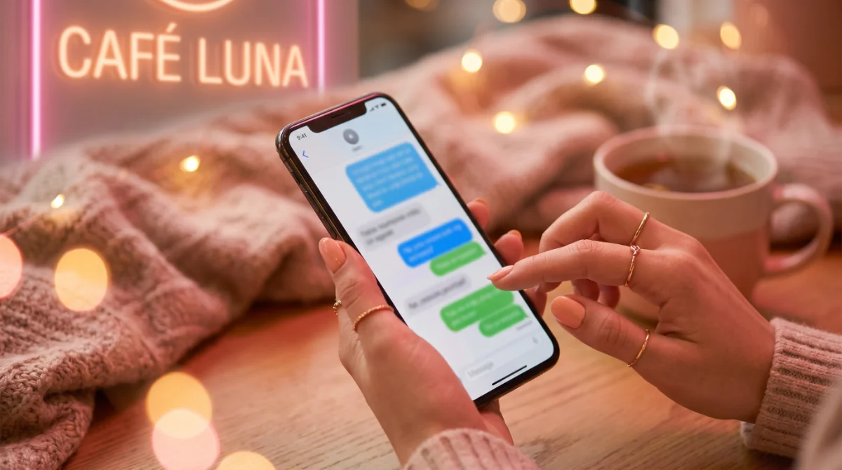 Manos tecleando un mensaje de chat en un teléfono con burbujas — cómo responden las creadoras de OnlyFans a sus fans