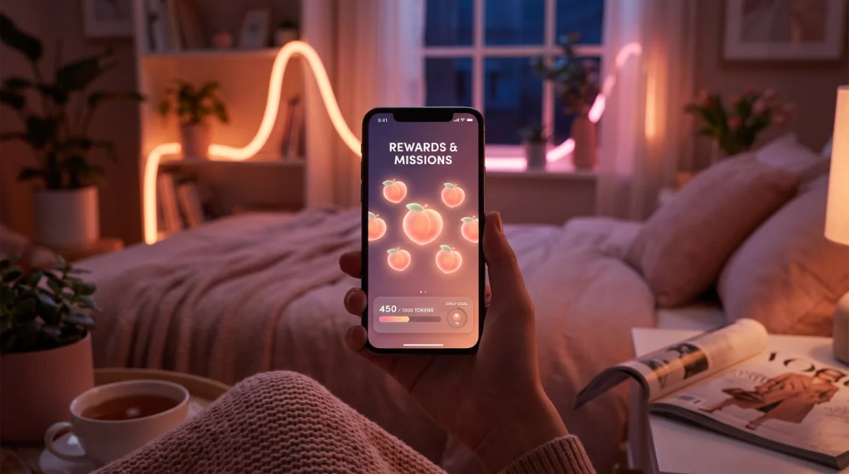 A phone showing a rewards and missions screen with peach tokens and a progress bar — earning bonus peaches on LiquidPeach