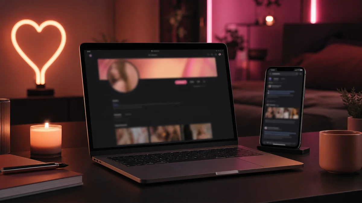 A laptop and phone showing a blurred creator profile and search result — promote your OnlyFans page without an agency