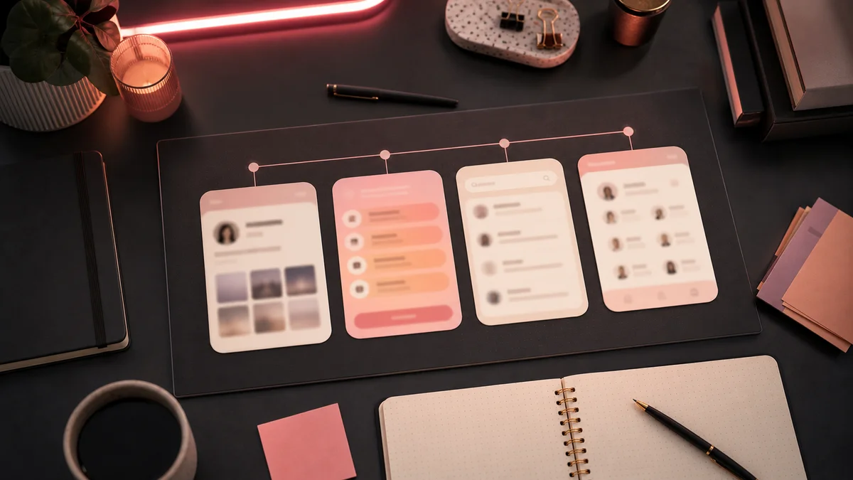 A desk planning board with blurred profile, bio link, search and directory cards — solo promotion stack for creator pages